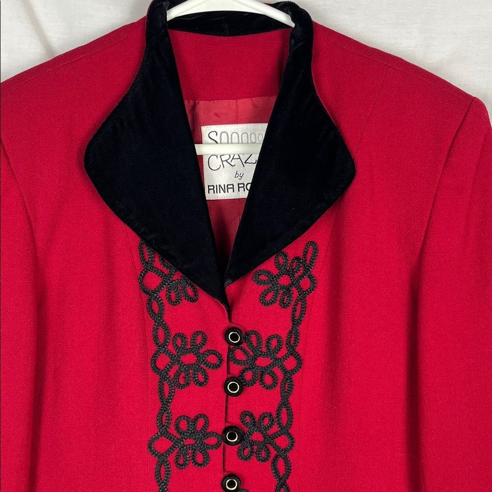 Vintage SOOO CRAZY Rina Ross Wool Red Button Up Brazer with Black Embellishments - Picture 4 of 9